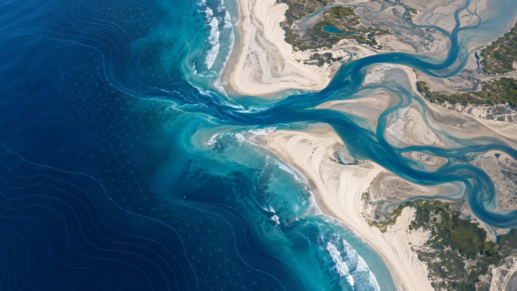 Conceptual coastal estuary with blue water, wetlands, and a scientific mesh overlay
